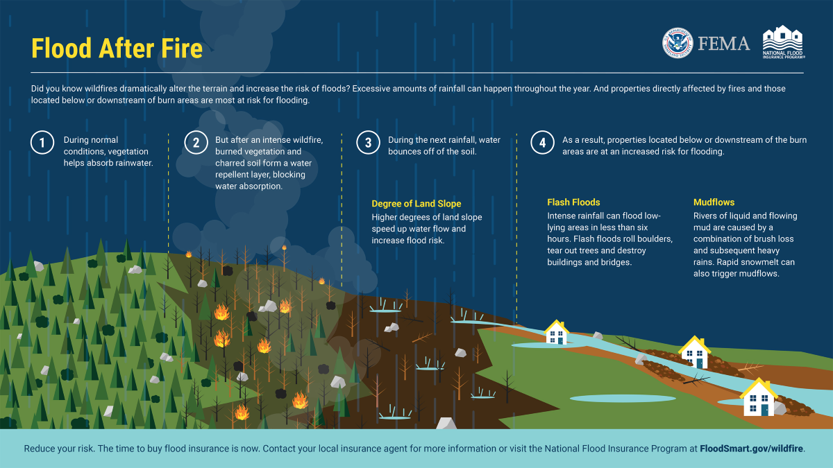 FEMA Illustration of directions for dealing with a flood after a fire. Surrounding page content provides details shown in the image.