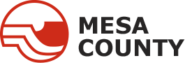 Mesa County Logo - a circle with red outline  and red outline of a mountain