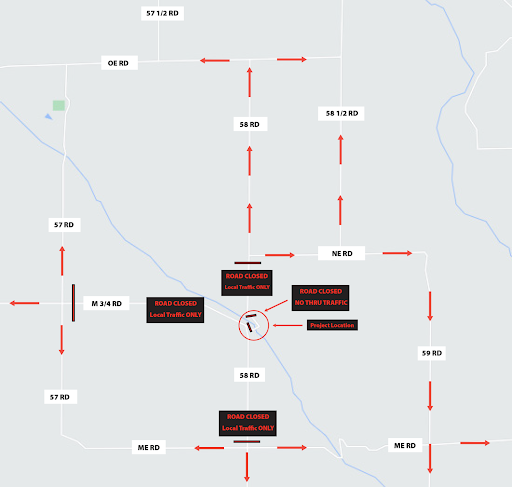 Map showing closure of 58 Rd beginning at ME Rd intersection to NE Rd intersection and M 3/4 Rd beginning at 57 Rd intersection. Detours are shown around these closures. 