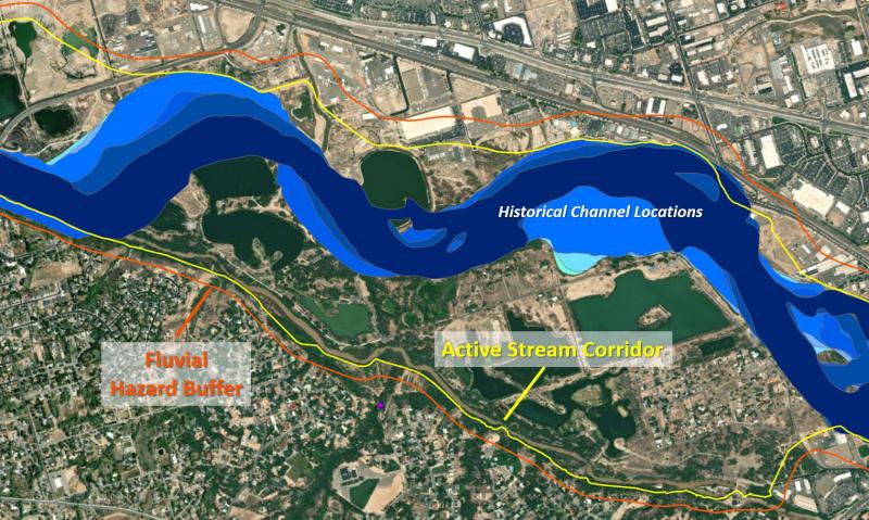 Map section of the Grand Valley showing the river flood zone in the middle horizontal section, surrounded by the active stream corridor, with the fluvial hazard buffer at the outer edges.  