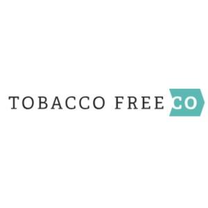 tobacco free CO lettering and white background logo with CO having a teal background