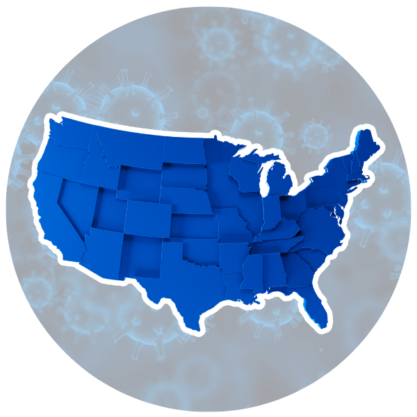 Blue map of the United States of America, showing the outlines of each state.