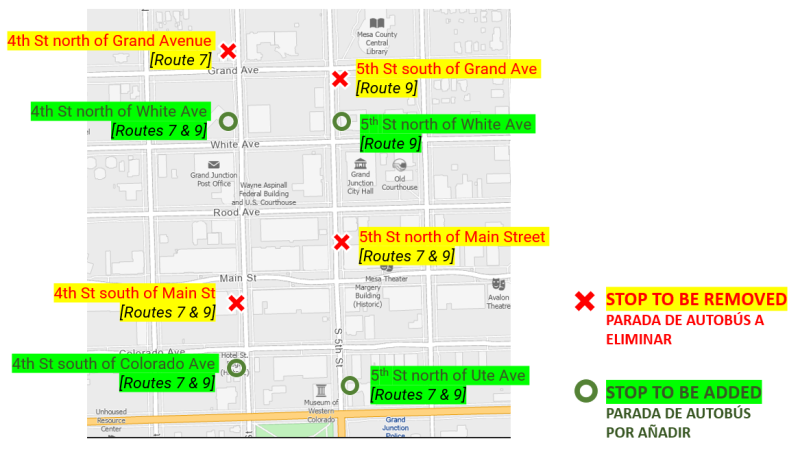 Map of stop changes on 4th and 5th Street.  Information listed on page.