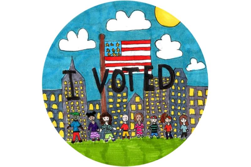 Hand drawn sticker reading I Voted with and American flag, a line of people and skyscrapers. 