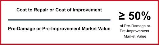 A graphic that states when the cost to repair or improve increases the market value by more than 50%, it results in substantial improvement. 