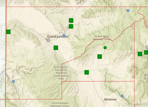 Six green square locator marks on a map of Mesa County providing the location of the river gauges expressed through the content on the web page. 