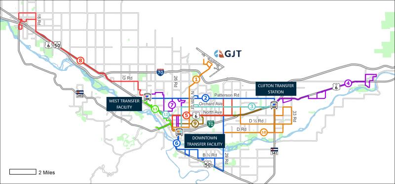 GVT routes map for West Transfer Facility, Downtown Transfer Facility, and Clifton Transfer Station.