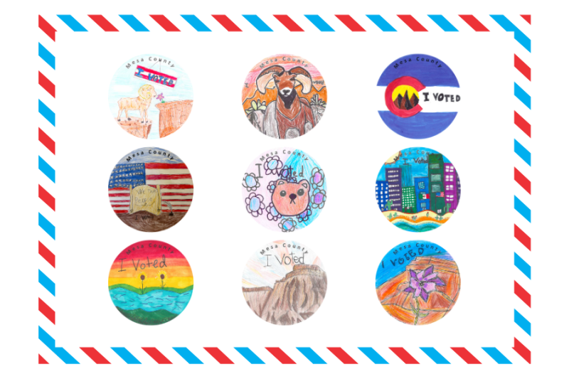 Nine circular I Voted Sticker Designs with a red and blue border around them. 