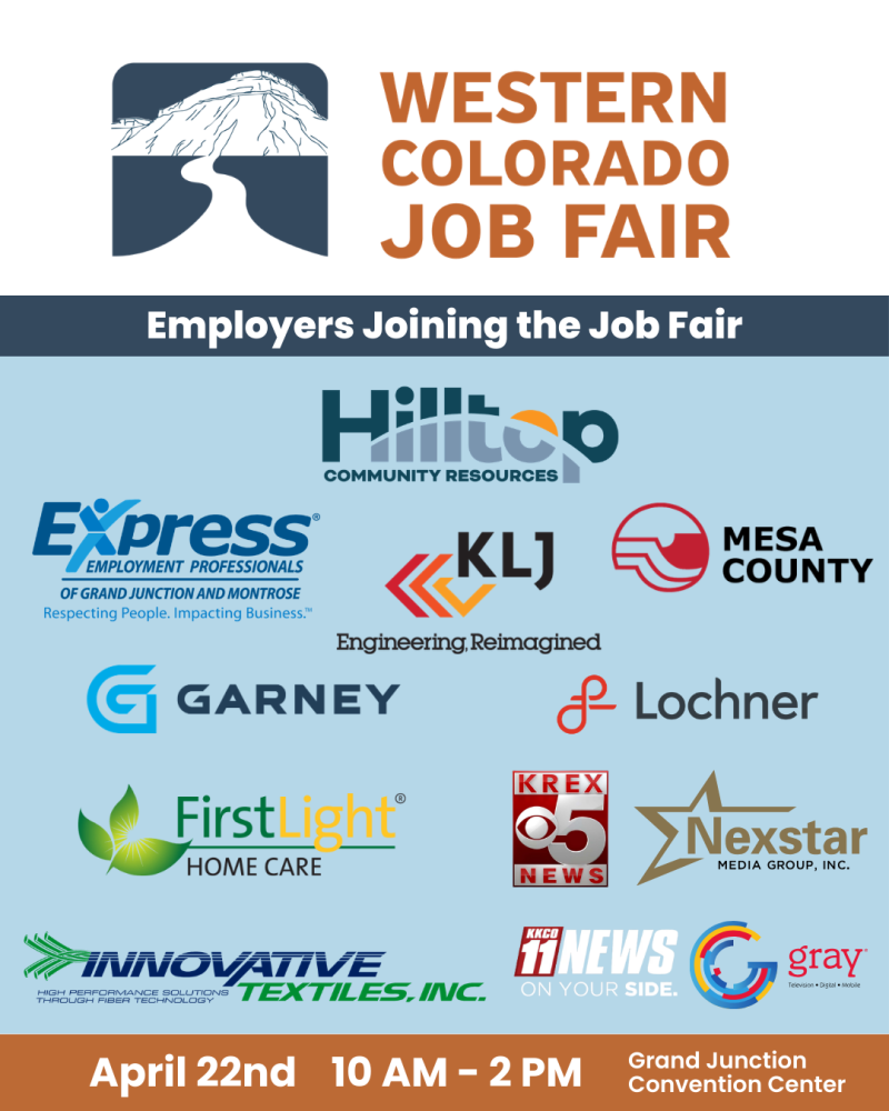 Flyer for the 2026 Western Colorado Job Fair with logos for companies that are attending the fair. April 22nd - 10 AM - 2 PM at the Grand Junction Convention Center