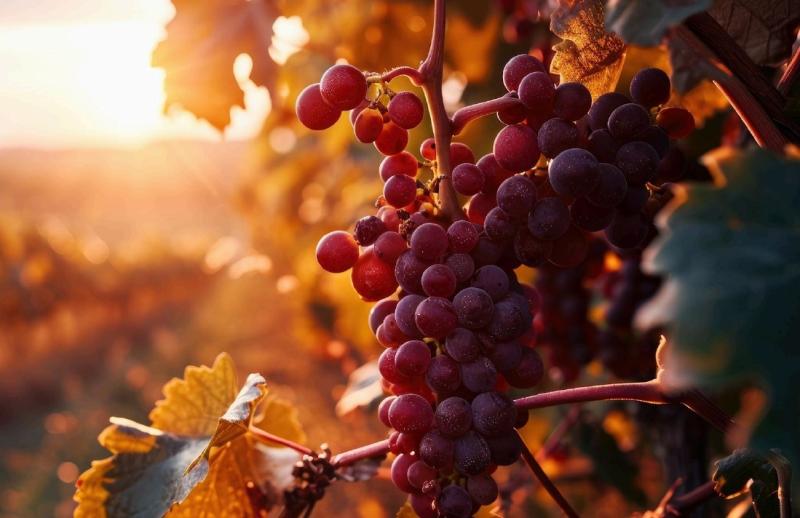 Grapes on vine at sunset