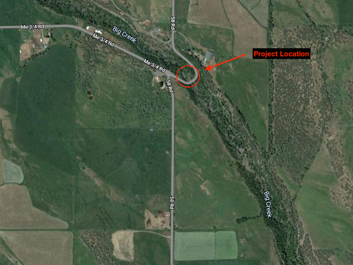 Red circle and arrow pointing slightly past the intersection of Me 3/4 Rd and 58 Rd reading "Project Location".