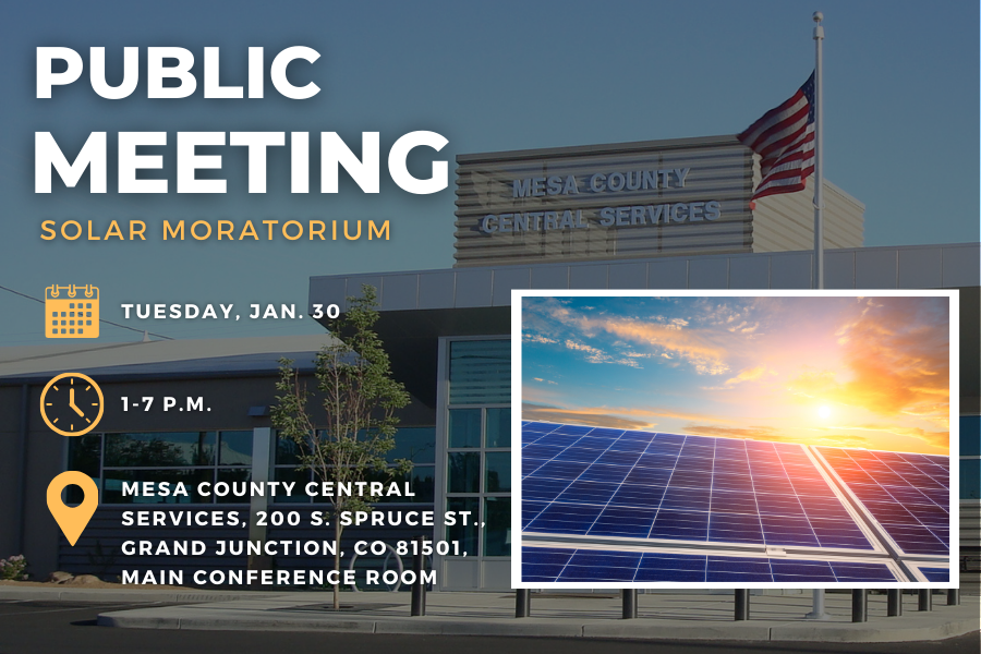 Mesa County Central Services building in Mesa County, CO with white text displaying day, time, and location of event with a picture of solar panels. 