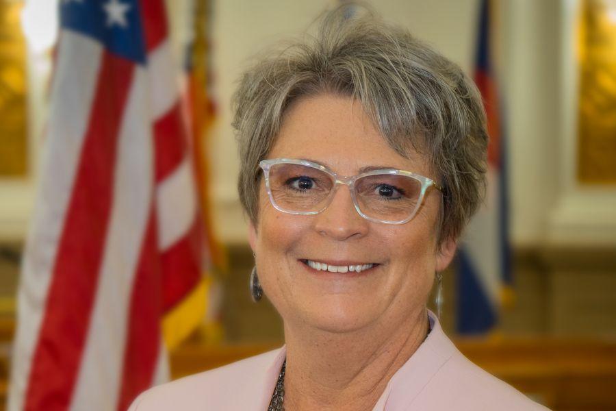Sheila Reiner, Mesa County Treasurer, smiles for a headshot in front of the American flag. 