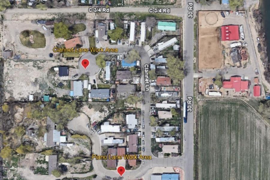 Melody Estates Project Map highlights Piano Lane and Clarinet Lane as construction areas with red pins. 