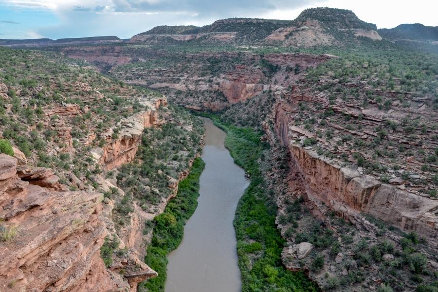 Aerial view of Dolores Canyons with river running through orange rock and greenery. 