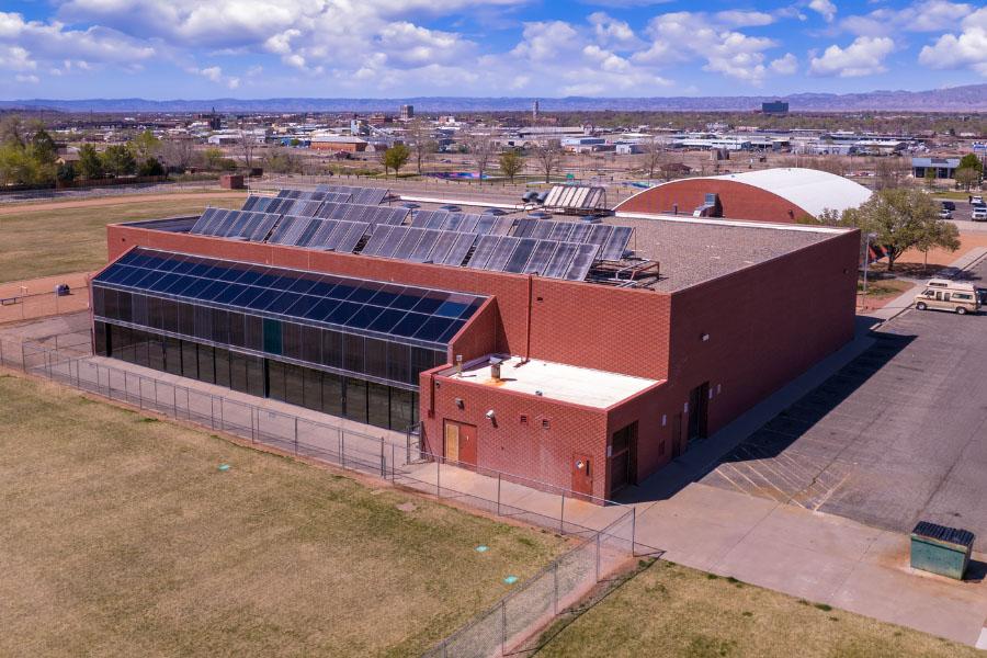 A drone picture of the Orchard Mesa Pool facility