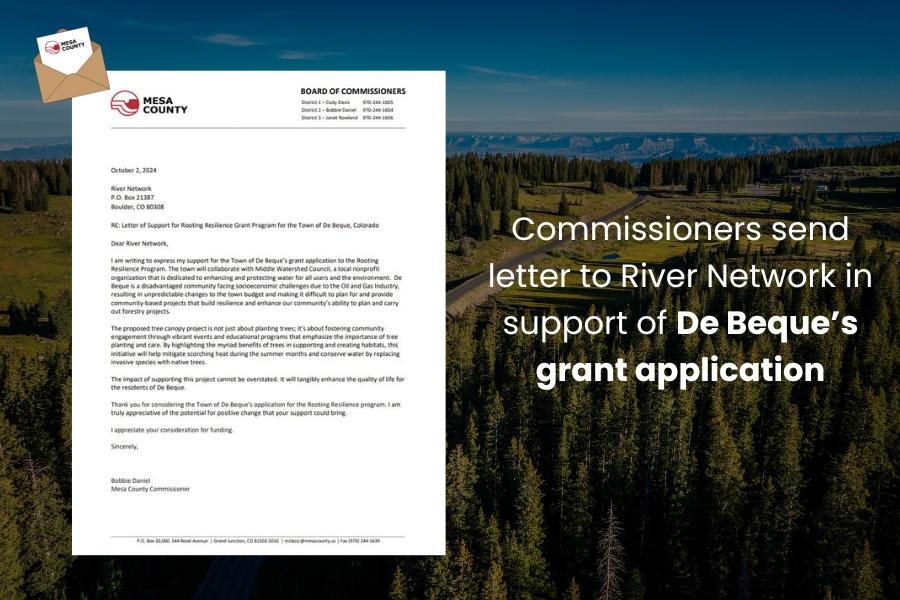Forest with white and black letter and white text reading, "Commissioners send letter to River Network in support of De Beque’s grant application."