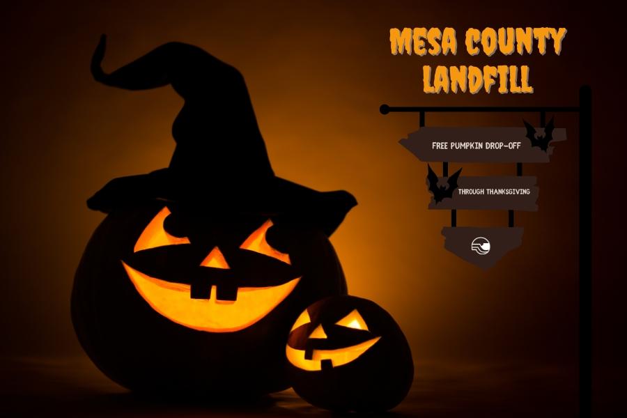 Two happy orange jack-o'-lanterns with white text reading, "free pumpkin drop-off through thanksgiving," and a white 