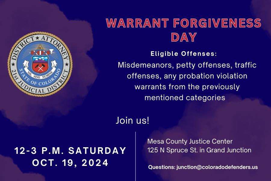 Blue and red flyer for warrant forgiveness day with district attorney logo. 