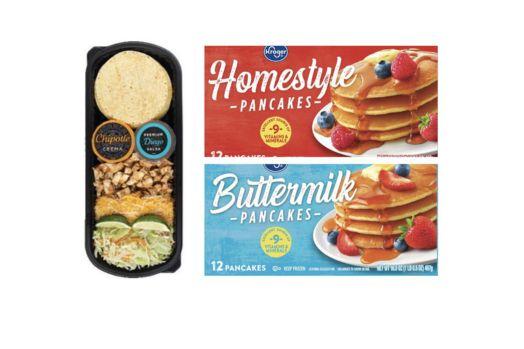 Image of prepackaged taco kit including tortillas, chicken, cheese, limes, and salad right next to images of packaging for frozen pancakes.