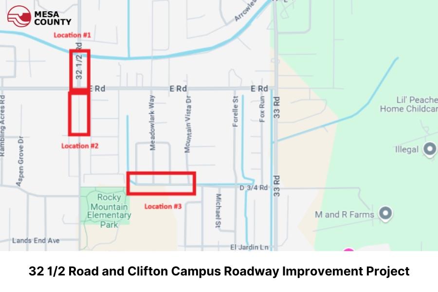 Map with Mesa County logo and black text reading, "32 1/2 Road and Clifton Campus Roadway Improvement Project."