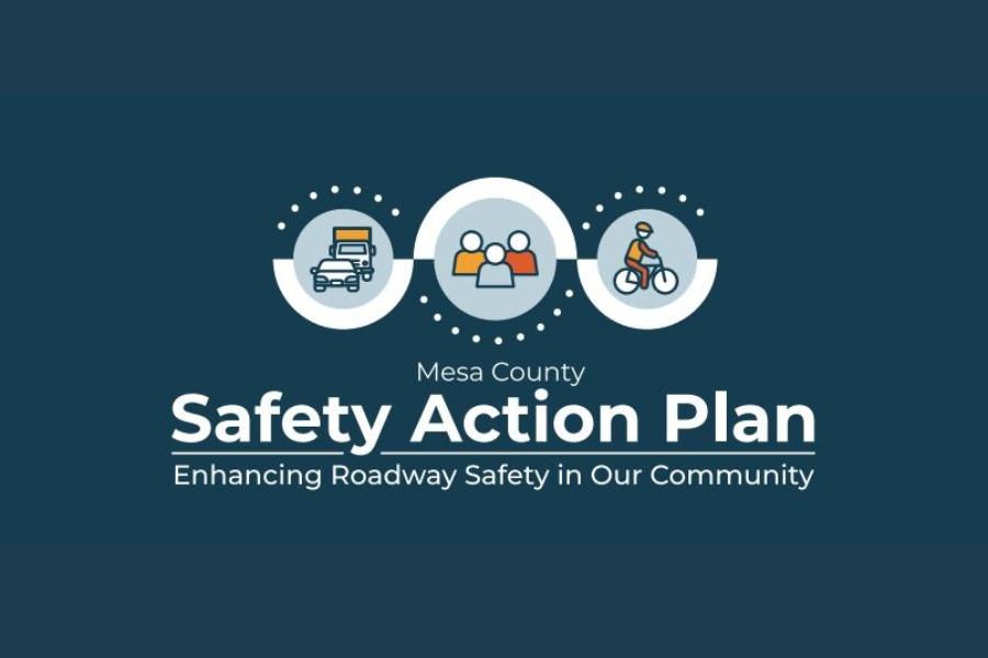 Navy blue background with white text reading, "Mesa County Safety Action Plan Enhancing Roadway Safety in Our Community," with three elements of two trucks, three people, and one biker. 