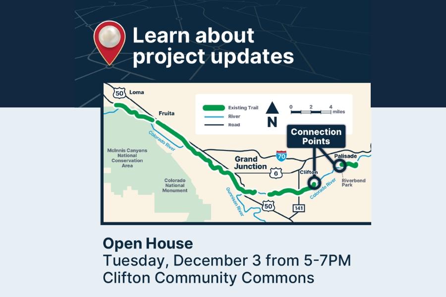 Dark blue and light blue open house flyer for a Mesa County project reading, "Learn about project updates Open House Tuesday, Dec. 3 from 5-7 p.m. Clifton Community Commons."