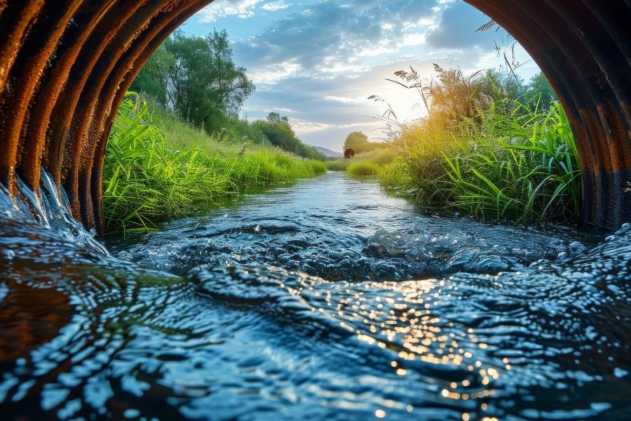 Eroded culvert with water coming out an a blue sky and green grass back drop.