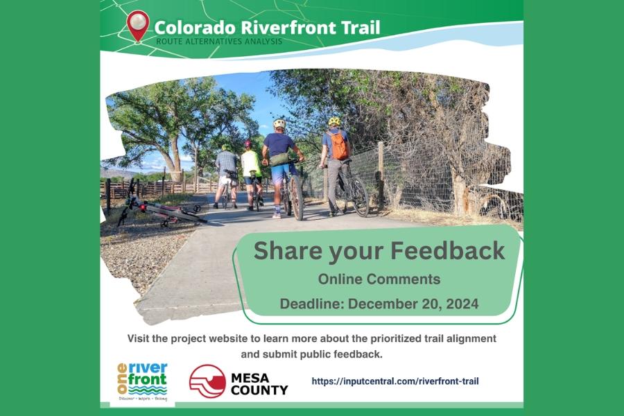 Green and white public input flyer with four people on bikes on a trial and the Mesa County logo, the One Riverfront flyer and text containing the event details, same as in caption. 