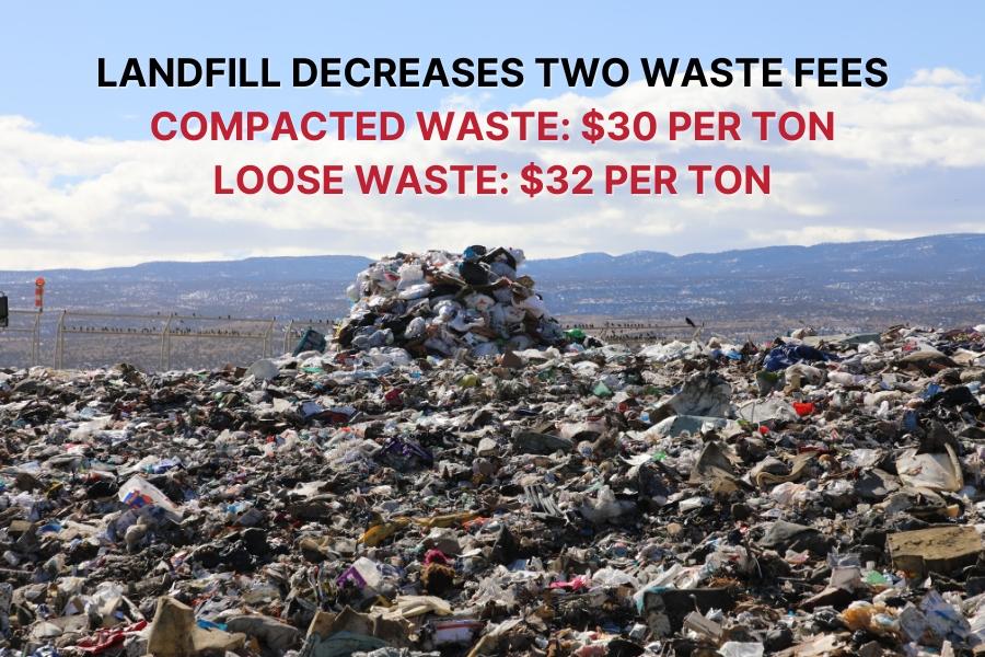 Extra large pile of waste with black and red text above reading landfill decreases two waste fees compacted waste: $30 per ton loose waste: $32 per ton. 