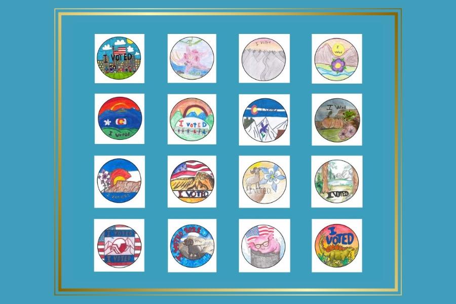 Blue background with 16 circular "I Voted" sticker contest designs displayed inside a gold frame.