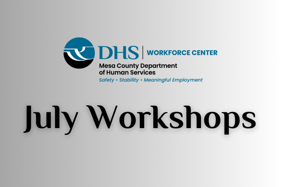 July Workshops on white background with Workforce Center logo