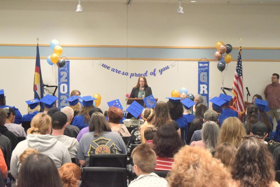 Heather Nara gives speech at Workforce Center's GED Graduation Ceremony.