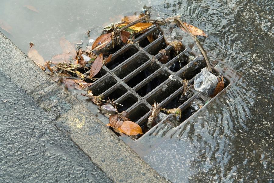 Storm drain with water and leaves running through. 