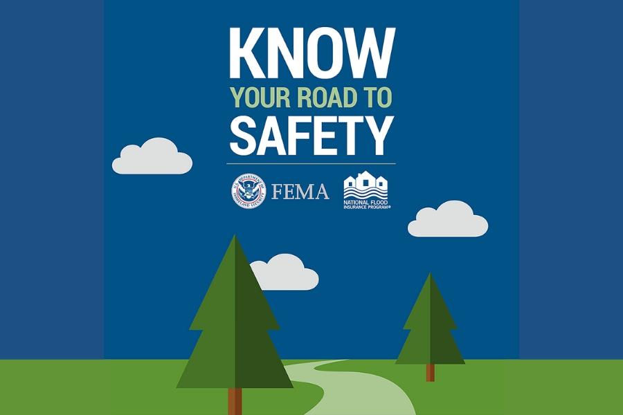 Cartoon trees sit in front of a blue sky with fluffy, white clouds in between trees with text in the sky reading Know your road to safety.