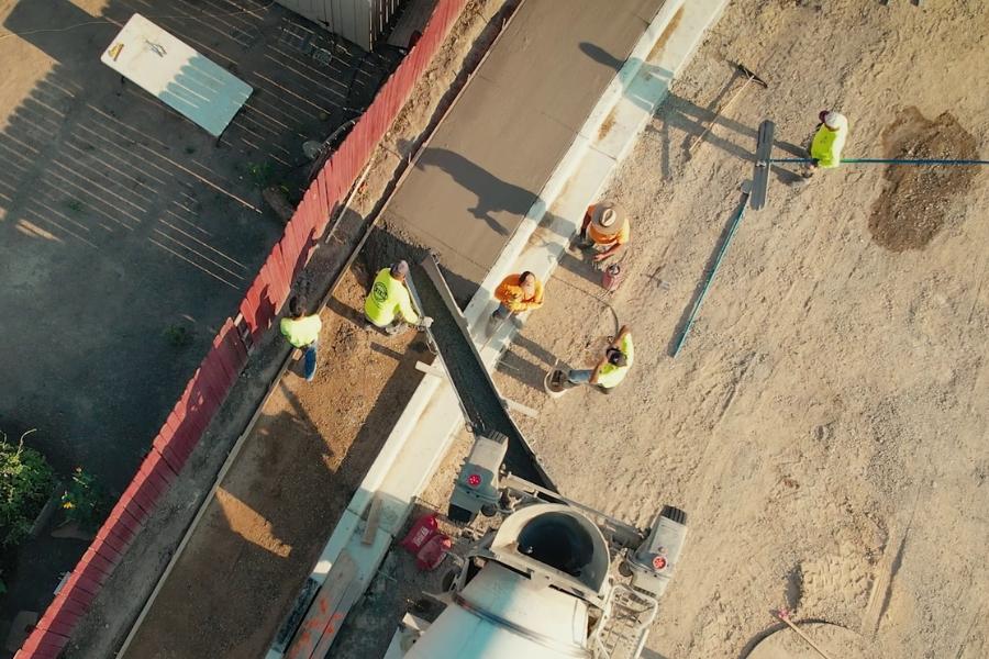 Aerial view of construction crew working.
