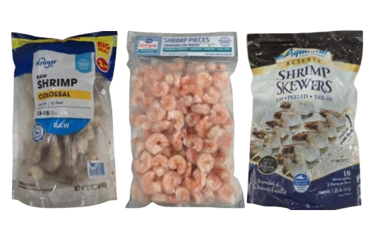bags of Kroger and AquaStar frozen shrimp products