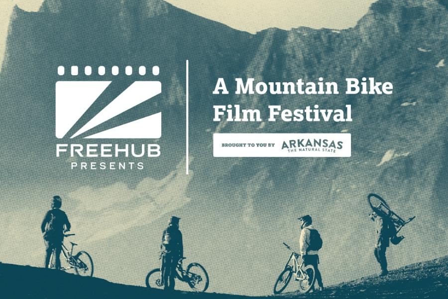 Four mountain bikers in front of mountains with white text reading, A Mountain Bike Film Festival. 