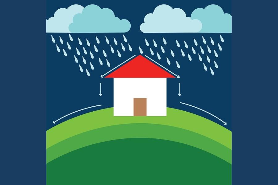 A cartoon house sitting on a hill in the rain. Arrows depict the flow of rain water from the sky, on to the sloped roof, and down the hill away from the home.