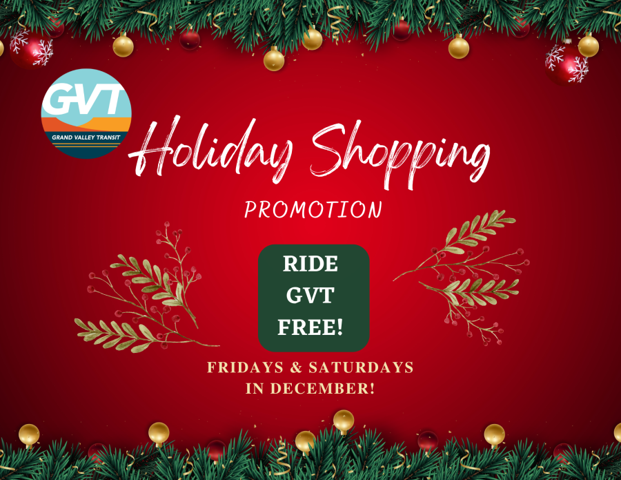 Image shows a red background with garland and the words Holiday Shopping Promotion Ride GVT Free Fridays and Saturdays in December