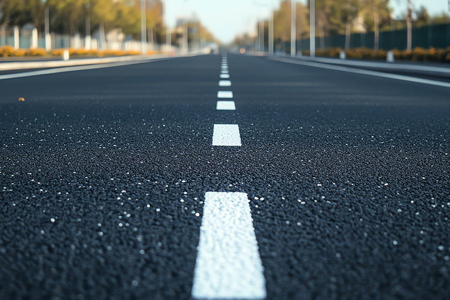 Low-angle view of a freshly paved roadway with a white dashed center line stretching into the distance, symbolizing road maintenance.