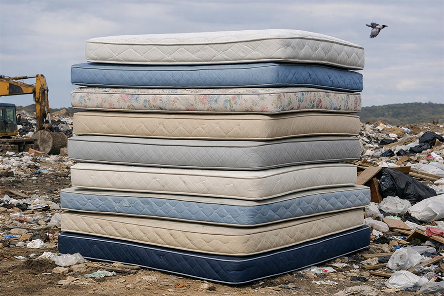 Stack of discarded mattresses piled at a landfill, with heavy equipment and scattered debris visible in the background, illustrating the space and disposal challenges mattresses create.