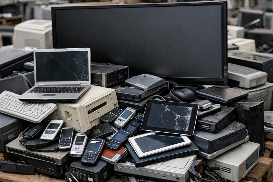 Pile of discarded electronic devices, including computers, monitors, tablets and cellphones, stacked together for electronic waste recycling.
