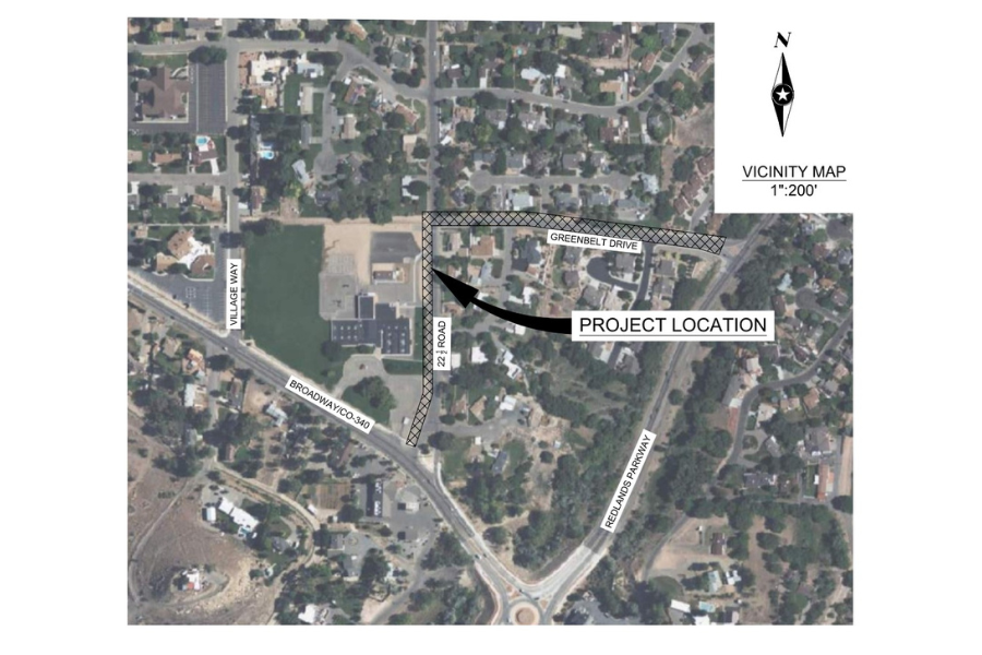 Aerial vicinity map showing the project area along 22.5 Road and Greenbelt Drive near Broadway Elementary School in Mesa County. The highlighted segments indicate planned sidewalk, drainage, and roadway improvements, with nearby streets labeled including Broadway, Village Way, and Redlands Parkway.