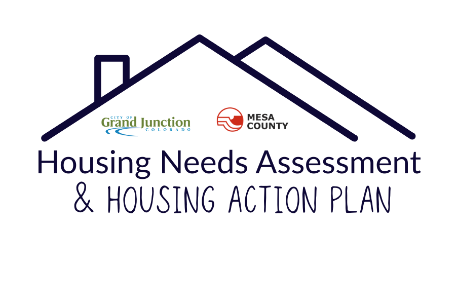 Graphic with an outline of a house roof above the text “Housing Needs Assessment & Housing Action Plan.” The City of Grand Junction, Colorado logo and the Mesa County logo appear beneath the roofline on a white background.