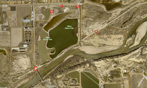 Map showing Clifton Nature Park and the Riverfront Trail with highlighted sections indicating the areas closed Feb. 17–19 for tamarisk removal.
