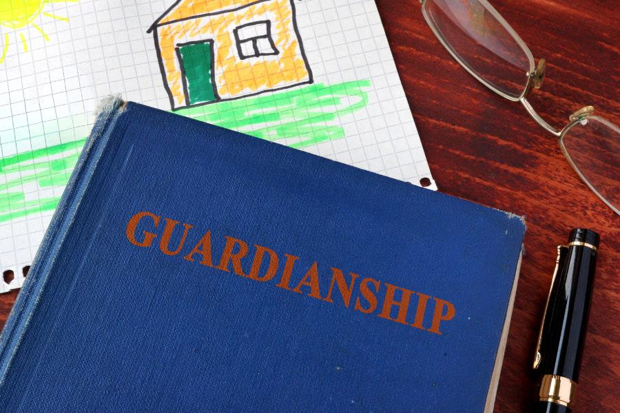 Blue book with Guardianship on the front, child drawing in background, eye glasses, and pen.