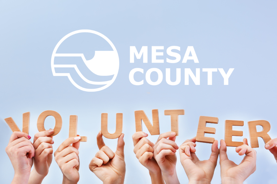 Hands holding wooden letters spelling “VOLUNTEER” beneath the Mesa County logo on a blue background.