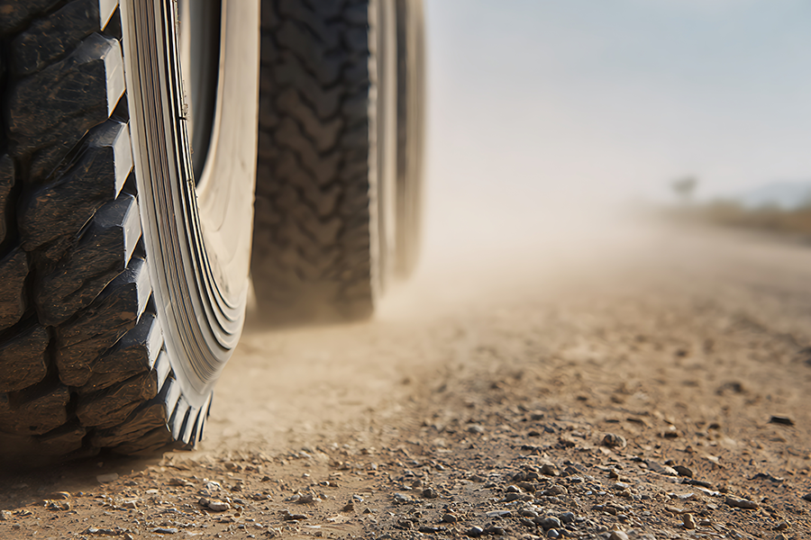 Close-up of a vehicle tire driving on a dusty gravel road, kicking up airborne dust that reduces visibility.
