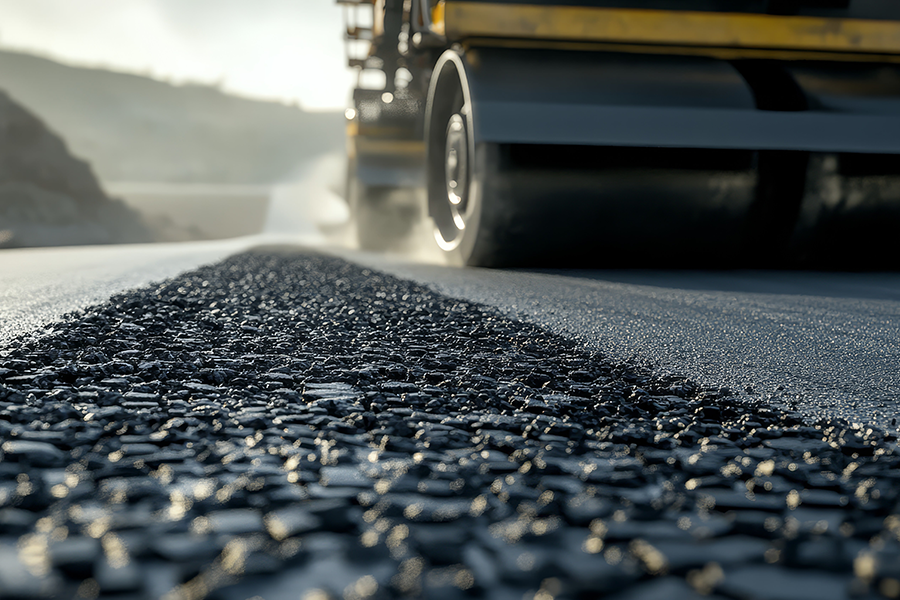 Close-up of fresh asphalt and chip seal being applied to a road surface, with a paving truck rolling over the material.